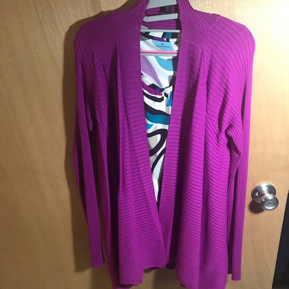 Purple cardigan with matching shirt sleeve blouse